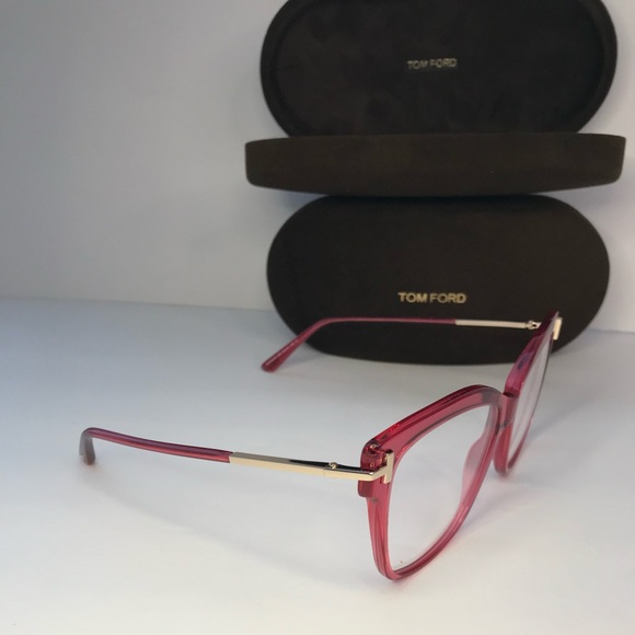 New Authentic Tom Ford FT5704-B 066 Transparent Raspberry/ Blue Block Eyeglasses - Picture 3 of 10